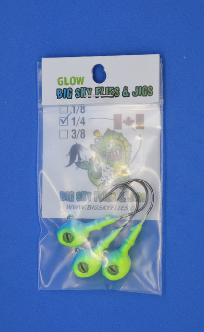 Big Sky Snake Eye 1/4oz Glow Jigs 3/pack Big Sky